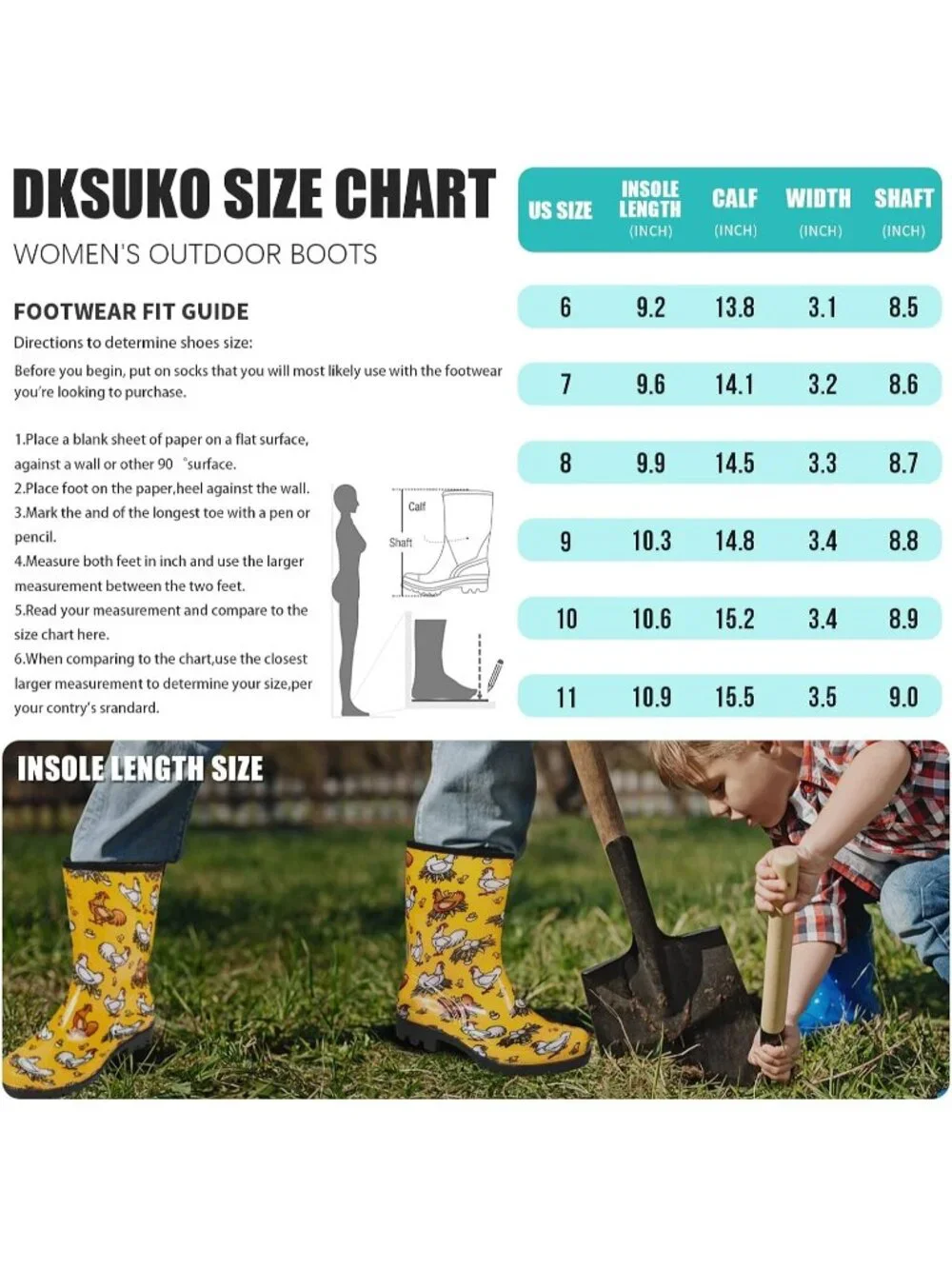 Women's Yellow Wide Calf Waterproof Rubber Garden Cushioned Insole Rain Boots